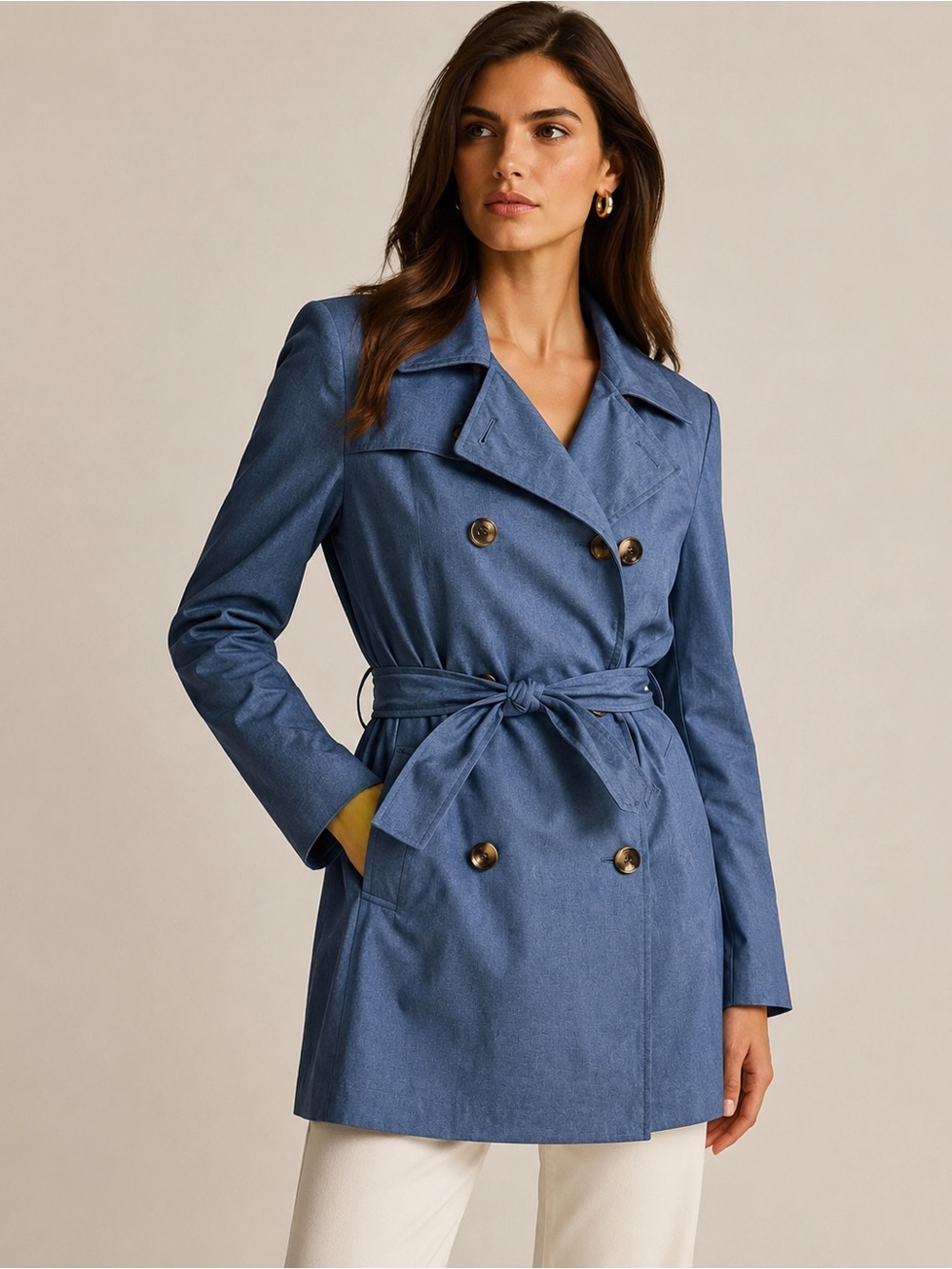 Lauren Ralph Lauren Blue Chambray Double-Breasted Trench Coat Jacket Belted M